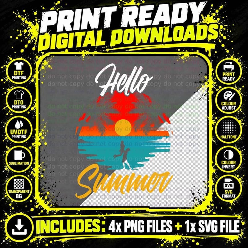 Hello Summer T-Shirt, Beach Surfing Sunset Landscape Png SVG Digital Bundle