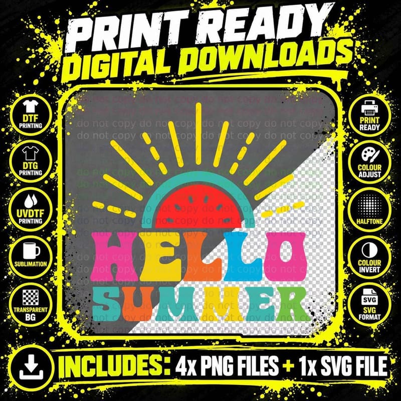 Hello Summer T-Shirt, Colorful Sticks Rainbow Sunny Tee Png SVG Digital Bundle