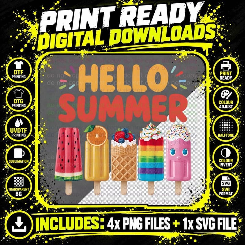 Hello Summer T-Shirt, Five Colorful Ice Pops Popsicles Png SVG Digital Bundle