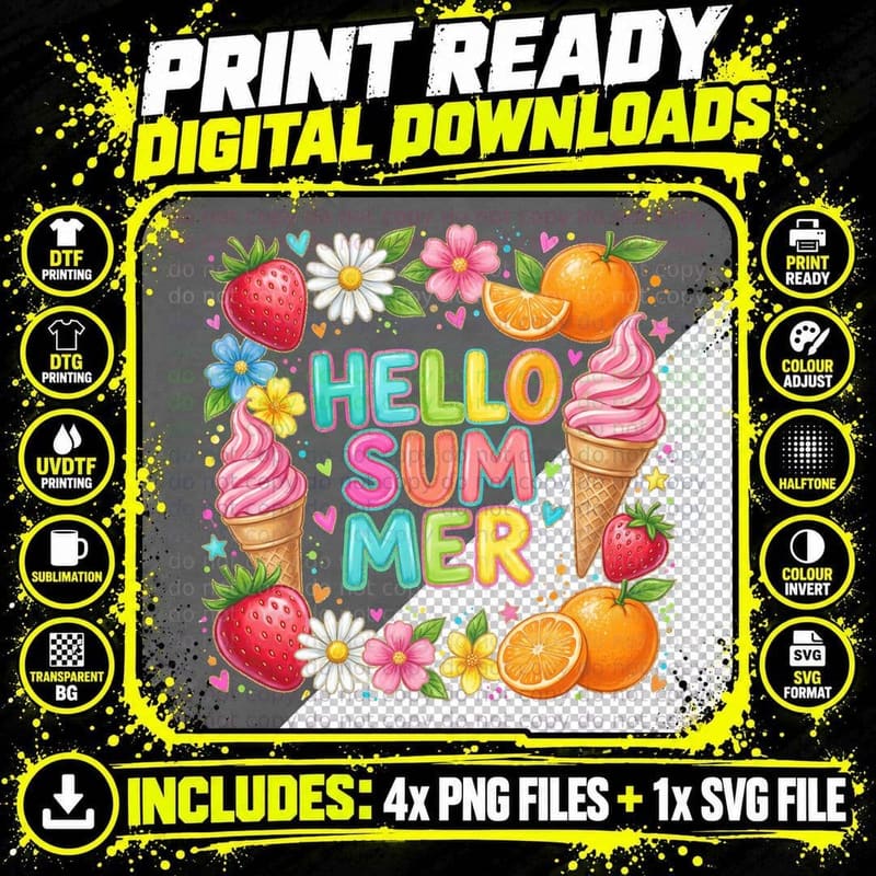 Hello Summer T-Shirt, Fruits Flowers Ice Cream Sunny Tee Png SVG Digital Bundle
