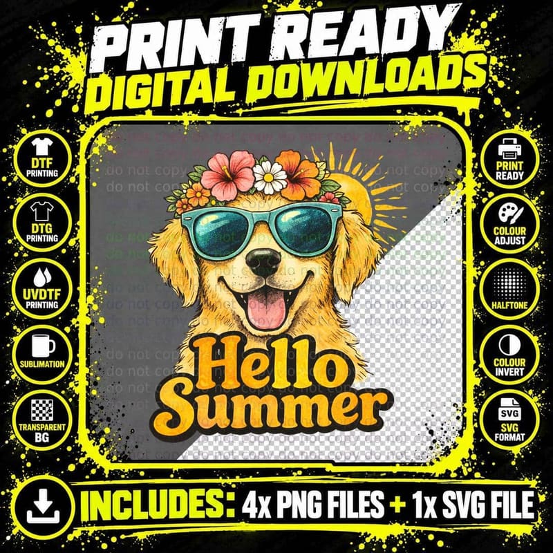 Hello Summer T-Shirt, Golden Retriever Flowers Png SVG Digital Bundle