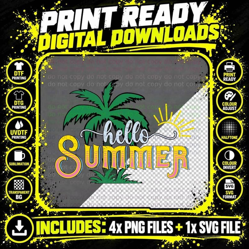 Hello Summer T-Shirt, Ice Cream Cone Illustration Sunny Png SVG Digital Bundle