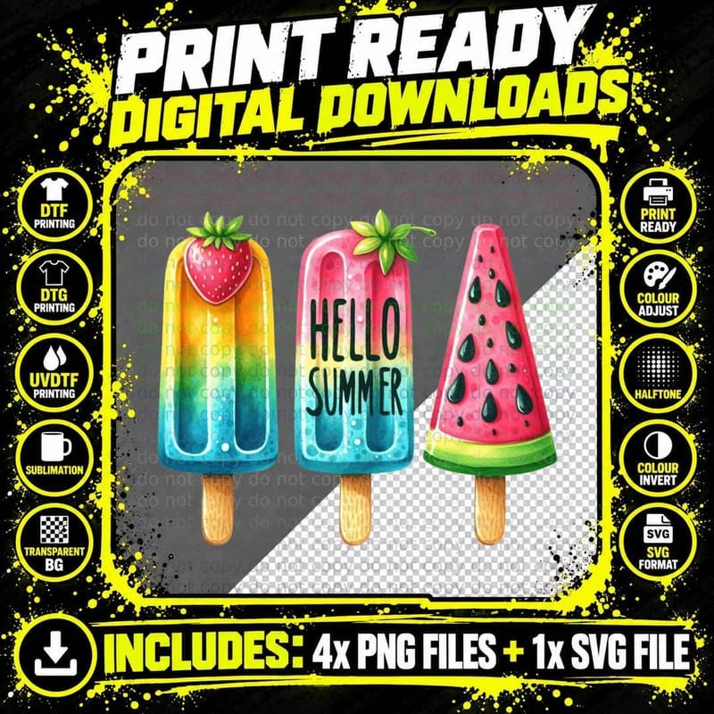 Hello Summer T-Shirt, Popsicles Watermelon Ice Cream Png SVG Digital Bundle