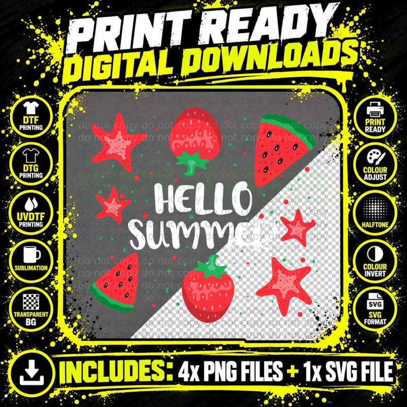 Hello Summer T-Shirt, Strawberry Starfish Watermelon Png SVG Digital Bundle