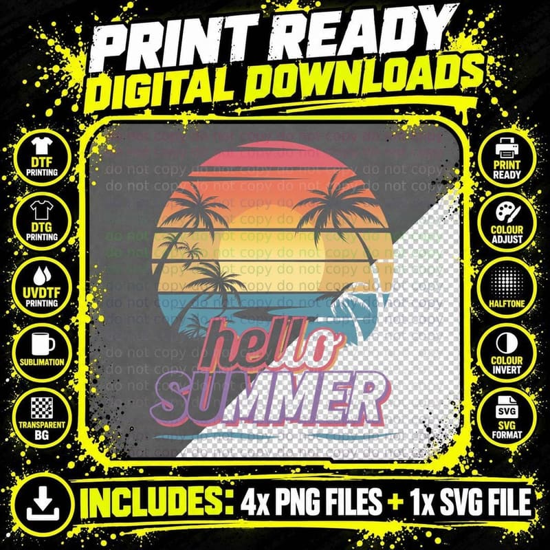 Hello Summer T-Shirt, Striped Sunset Palm Trees Sunny Tee Png SVG Digital Bundle