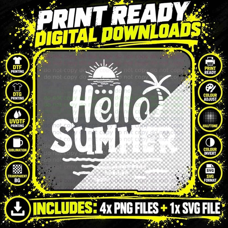 Hello Summer T-Shirt, Sun Palm Tree Ocean Sunny Tee Png SVG Digital Bundle