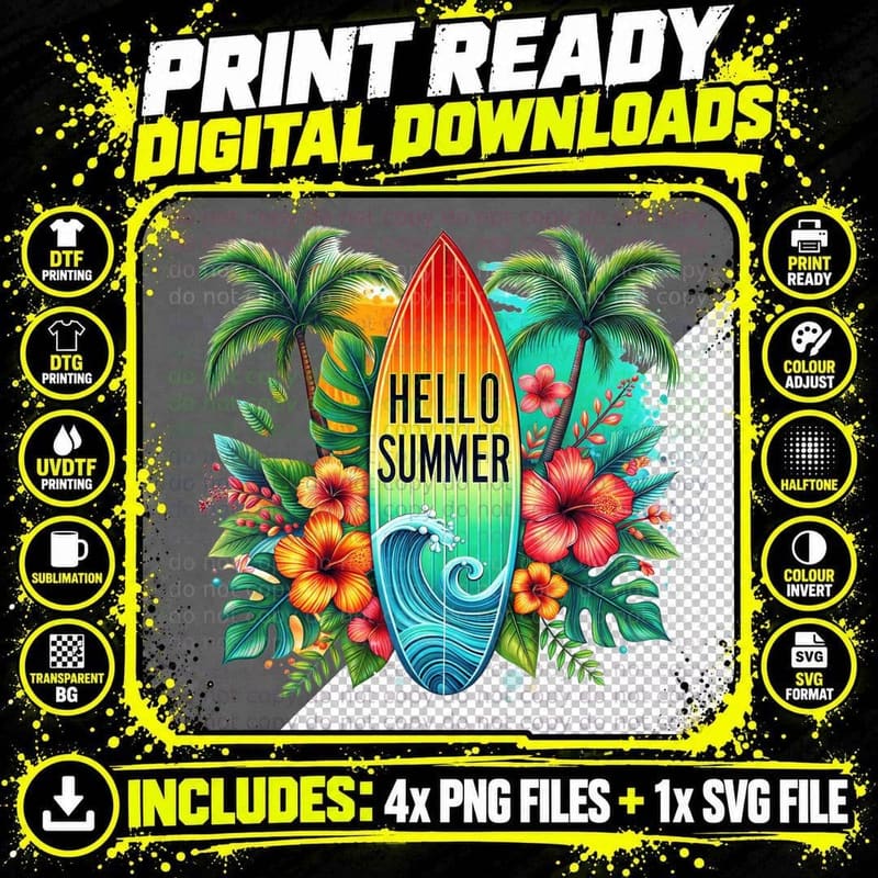Hello Summer T-Shirt, Surfboard Hello Summer Tropical Png SVG Digital Bundle