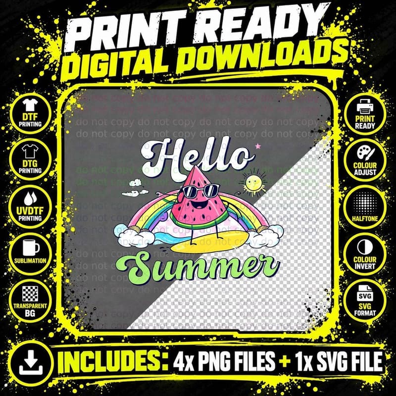 Hello Summer T-Shirt, Watermelon Rainbow Sun Clouds Png SVG Digital Bundle