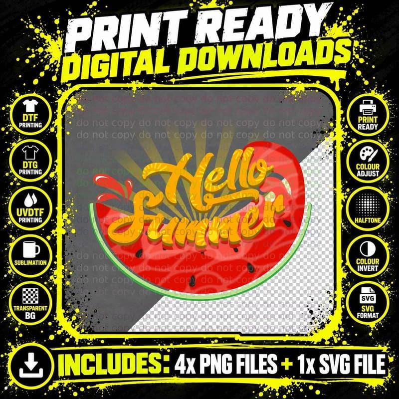 Hello Summer T-Shirt, Watermelon Sun Rays Sunny Tee Png SVG Digital Bundle