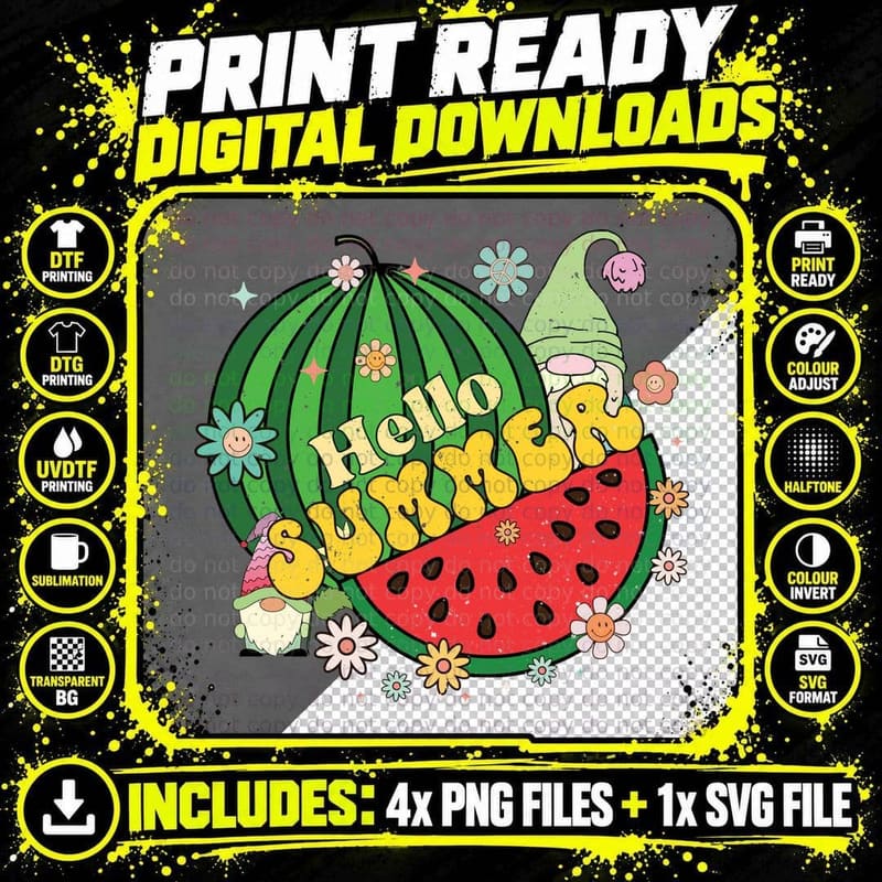 Hello Sunny Summer T-Shirt, Gnome Watermelon Cactus Png SVG Digital Bundle