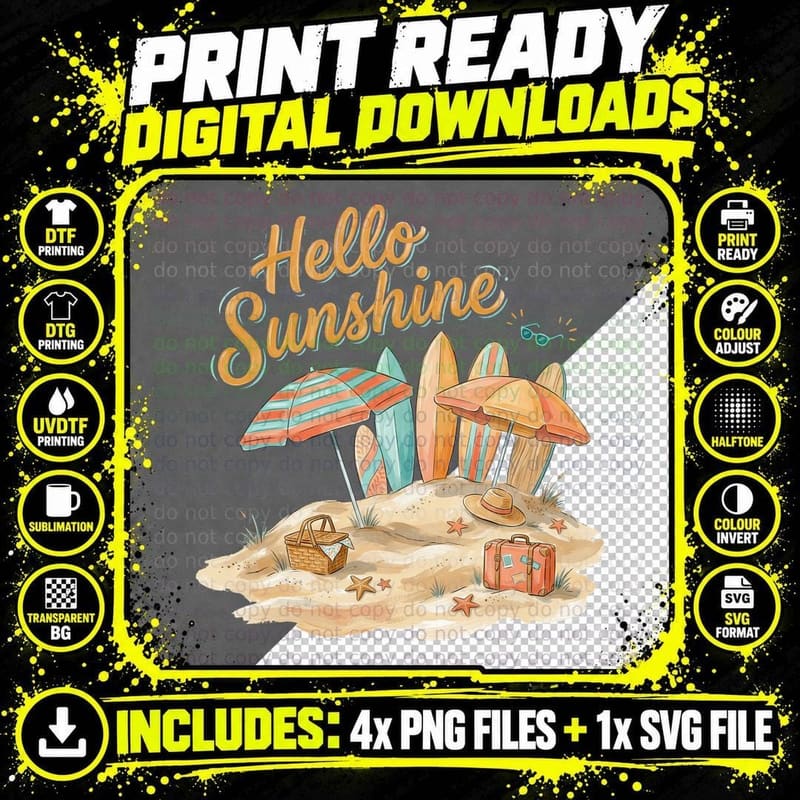 Hello Sunshine Summer T-Shirt, Beach Umbrella and Png SVG Digital Bundle