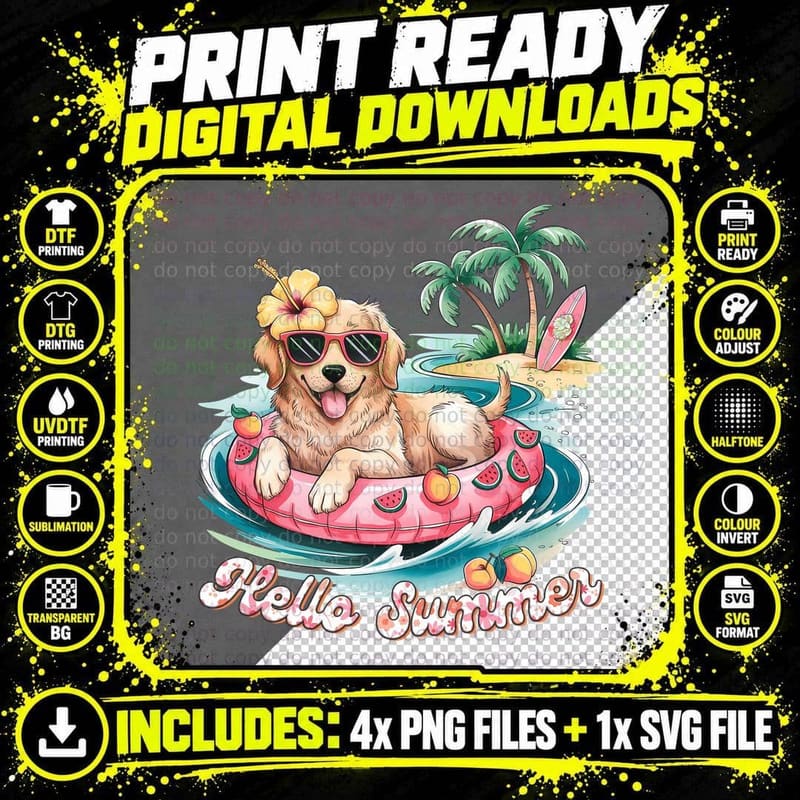 Hello Sunshine Summer T-Shirt, Golden Retriever Float Png SVG Digital Bundle