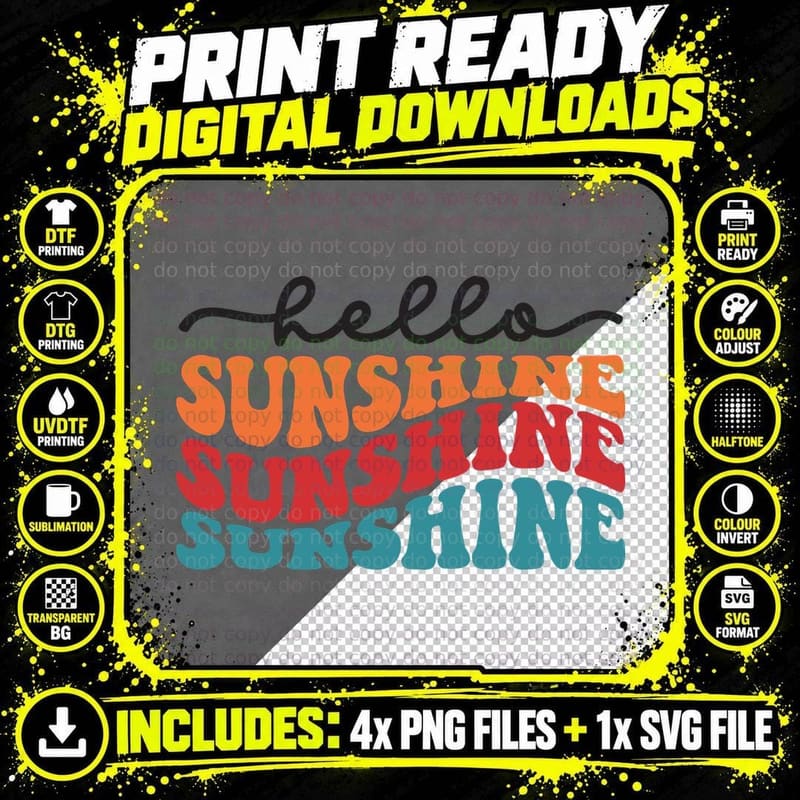 Hello Sunshine Summer T-Shirt, Text Repeating Sunshine Png SVG Digital Bundle