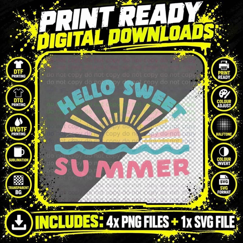 Hello Sweet Summer T-Shirt, Sunrise Sun Ocean Waves Png SVG Digital Bundle