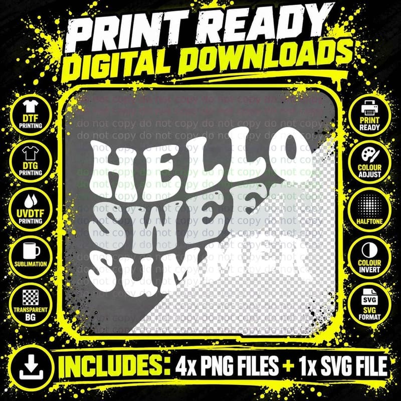 Hello Sweet Summer T-Shirt, Text Overlay Bold Typography Png SVG Digital Bundle