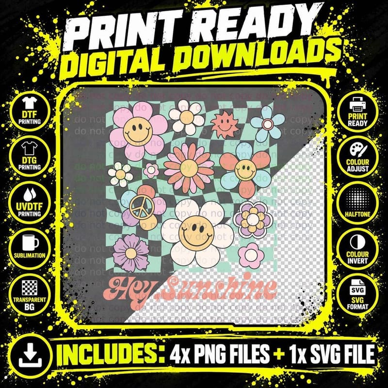 Hey Sunshine Summer T-Shirt, Checkerboard Pattern Smiley Png SVG Digital Bundle