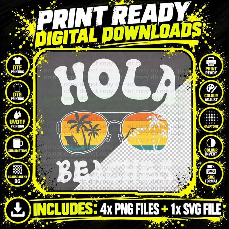 Hola Beaches Summer T-Shirt, Sunglasses Beach Scene Palm Png SVG Digital Bundle