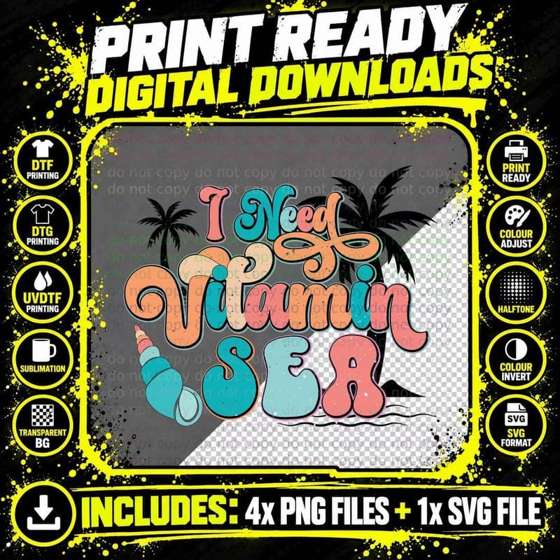 I Need Vitamin Sea Summer T-Shirt, Colorful Text Palm Png SVG Digital Bundle