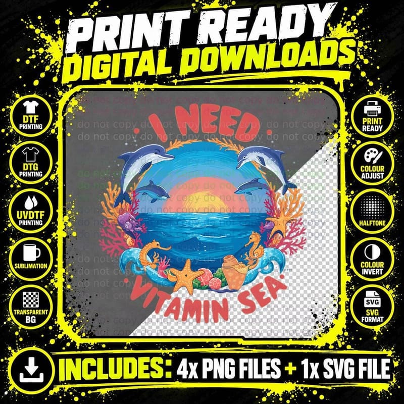 I Need Vitamin Sea Summer T-Shirt, Ocean Dolphins Coral Png SVG Digital Bundle