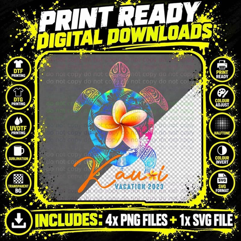 Kauai Tie Dye Sea Turtle Hawaii Vacation Theme Family Png SVG Digital Bundle