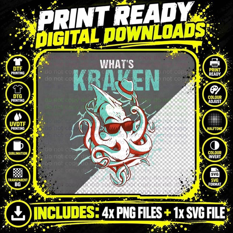 Kraken Ocean Monster Diver Surfer Beach Lover What's Png SVG Digital Bundle