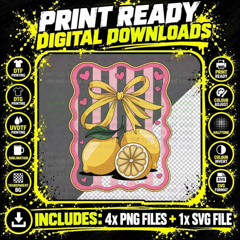 Lemon Hearts Pink Bow Striped Summer T-Shirt Png SVG Digital Bundle