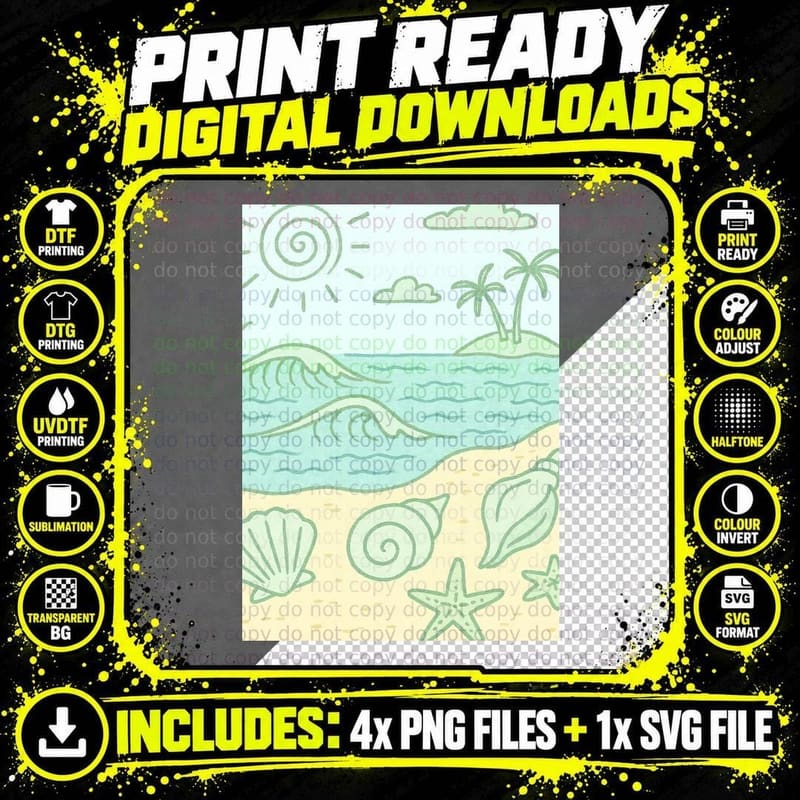 Line Drawing Beach Scene with Shells Waves Summer T-Shirt Png SVG Digital Bundle