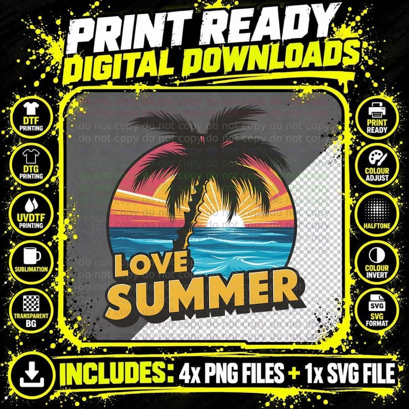 Love Summer T-Shirt, Palm Tree Silhouette Sunset Ocean Png SVG Digital Bundle