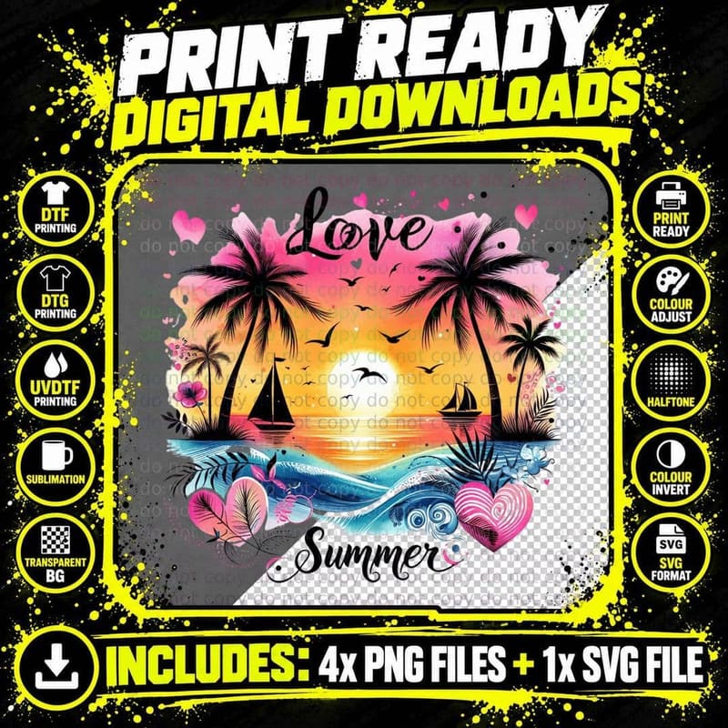 Love Summer T-Shirt, Sunset Tropical Palms Sailboat Love Png SVG Digital Bundle