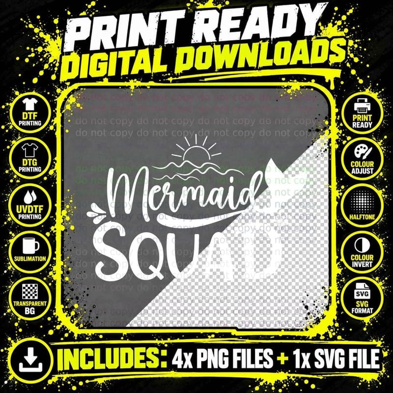 Mermaid Squad Summer T-Shirt, Mermaid Tail with Sun Rays Png SVG Digital Bundle
