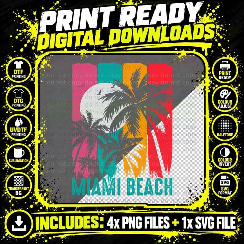 Miami Beach Summer T-Shirt, Tropical Sunset Ocean Palm Png SVG Digital Bundle