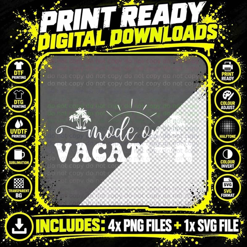 Mode on Vacation Summer T-Shirt, Text with Sun Rays Png SVG Digital Bundle