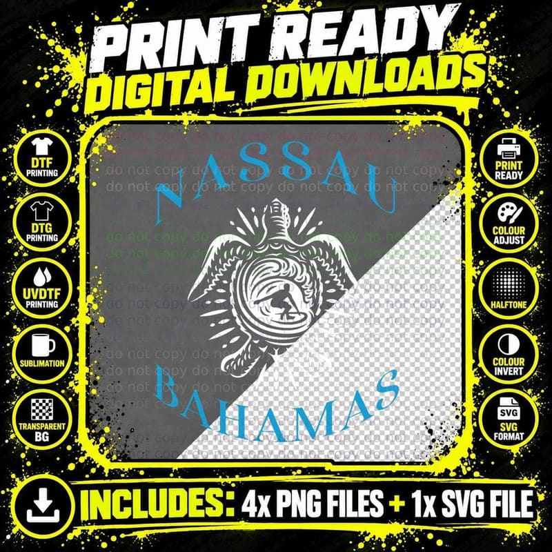 Nassau Bahamas Sea Turtle Surfing Vacation Souvenir Png SVG Digital Bundle