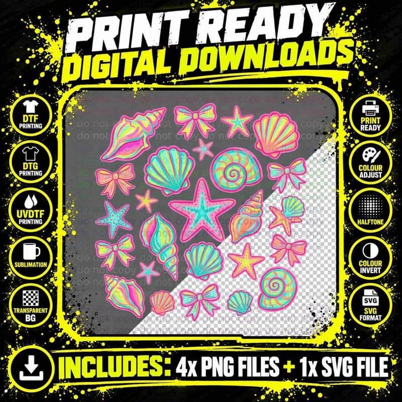 Neon Rainbow Shells Starfish Spiral Summer T-Shirt Png SVG Digital Bundle