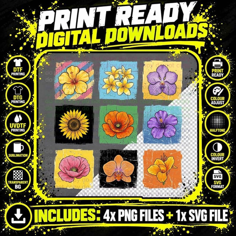 Nine Flower Grid Design Summer T-Shirt Png SVG Digital Bundle