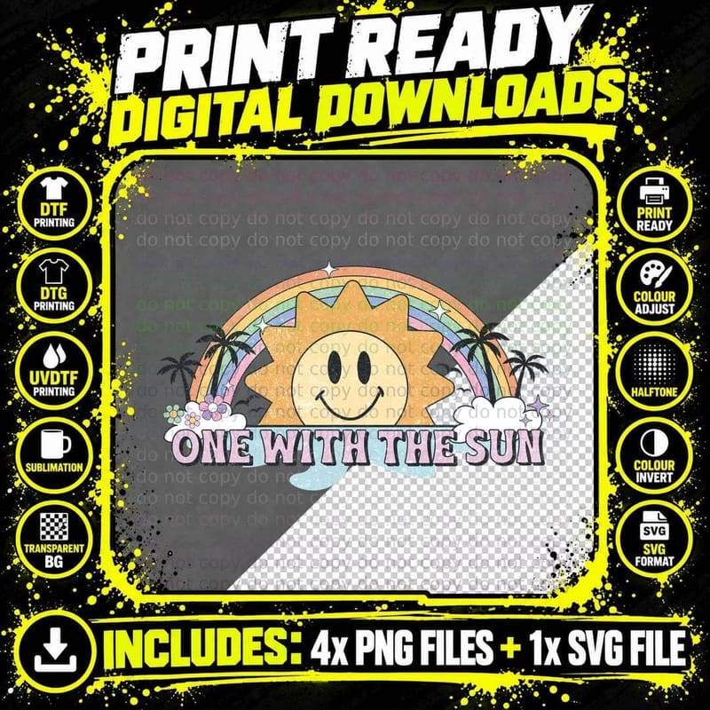 One with the Sun Summer T-Shirt, Rainbow Sun Palms Png SVG Digital Bundle