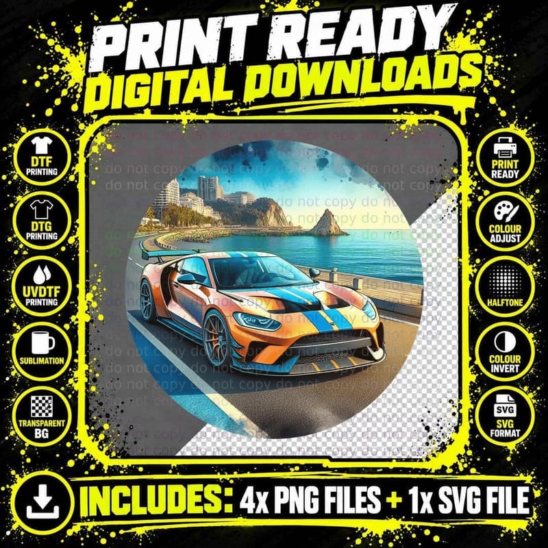 Orange Sports Car Pier Gold on Beach Sunset Flowers Png SVG Digital Bundle