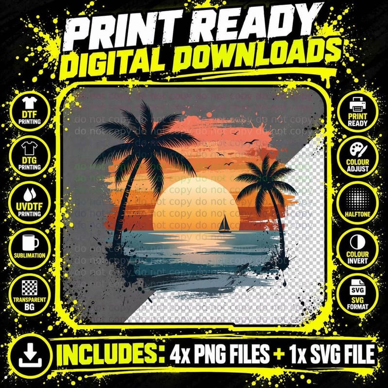 Palm Silhouette Sunset Ocean Summer T-Shirt Png SVG Digital Bundle