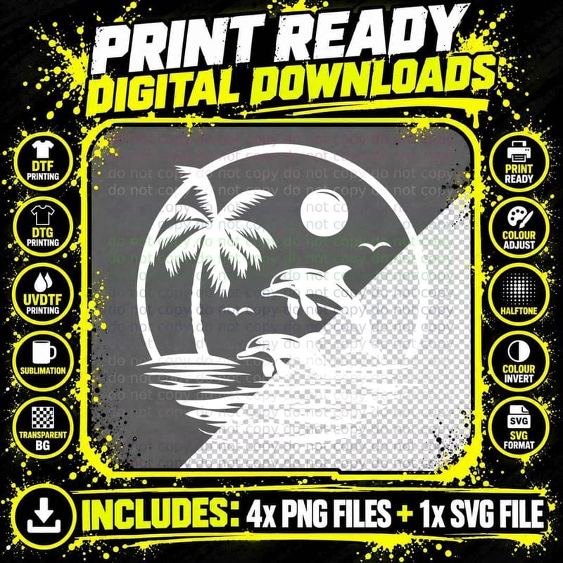 Palm Tree Dolphins Moon Ocean Summer T-Shirt Png SVG Digital Bundle