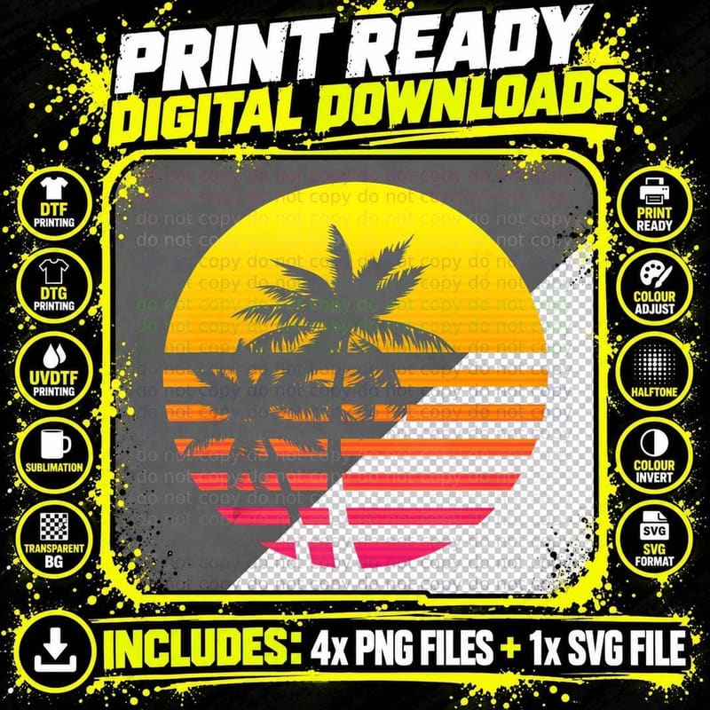 Palm Trees Sunset - Summer Vacation Tropical Beach Art Png SVG Digital Bundle