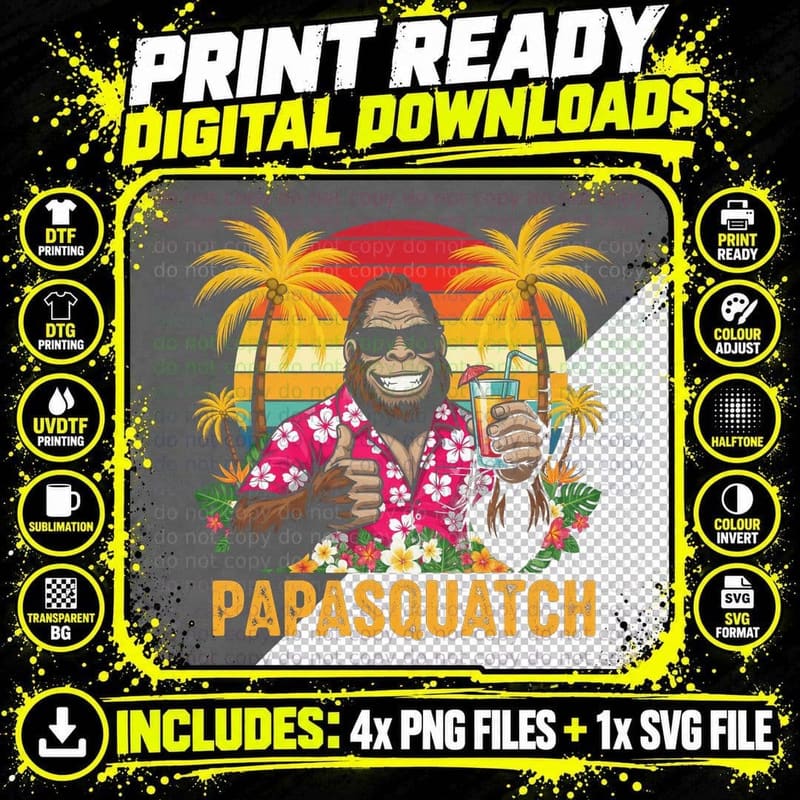 Papasquatch Fathers Day T-Shirt, Bigfoot in Tropical Png SVG Digital Bundle