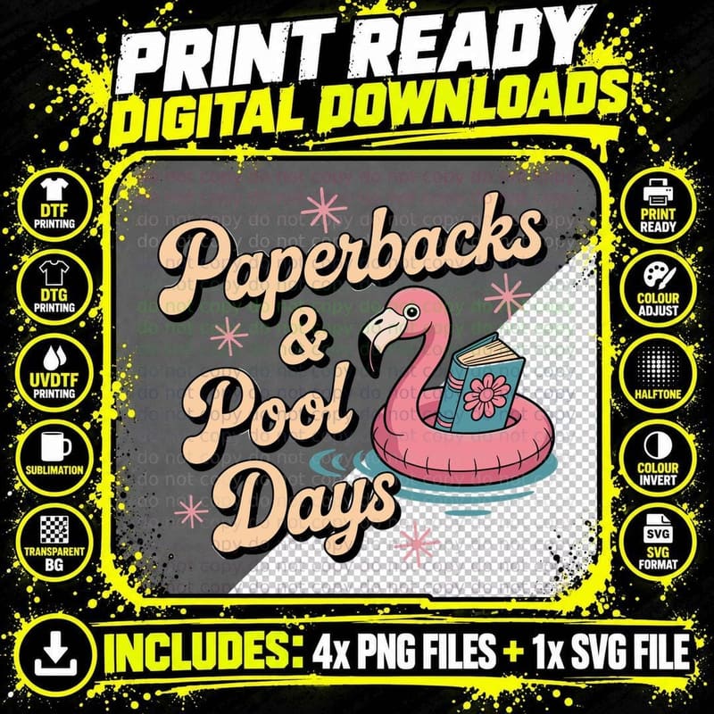 Paperbacks & Pool Days Books T-Shirt Png SVG Digital Bundle