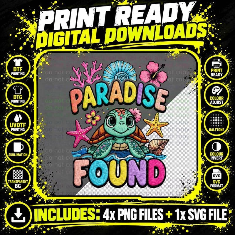 Paradise Found Summer T-Shirt, Sea Turtle Colorful Ocean Png SVG Digital Bundle