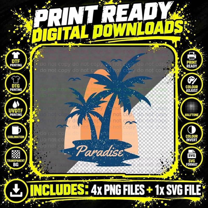 Paradise Tropical Palm Tree Beach Design T-Shirt Png SVG Digital Bundle