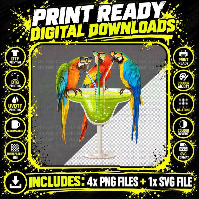 Parrots Drinking, Margarita on Summer Vacation Birds Png SVG Digital Bundle