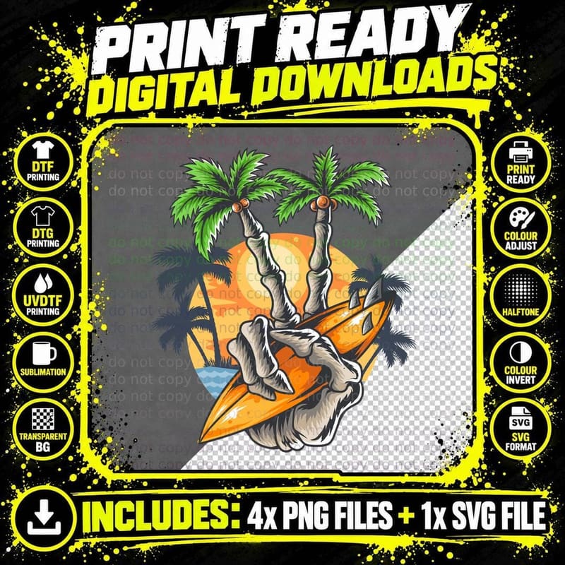 Peace Hand Sign Gesture with Surfboard Palm Tree Sunset Png SVG Digital Bundle