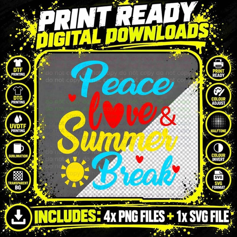 Peace Love Summer Break T-Shirt, Summer Vibes Png SVG Digital Bundle