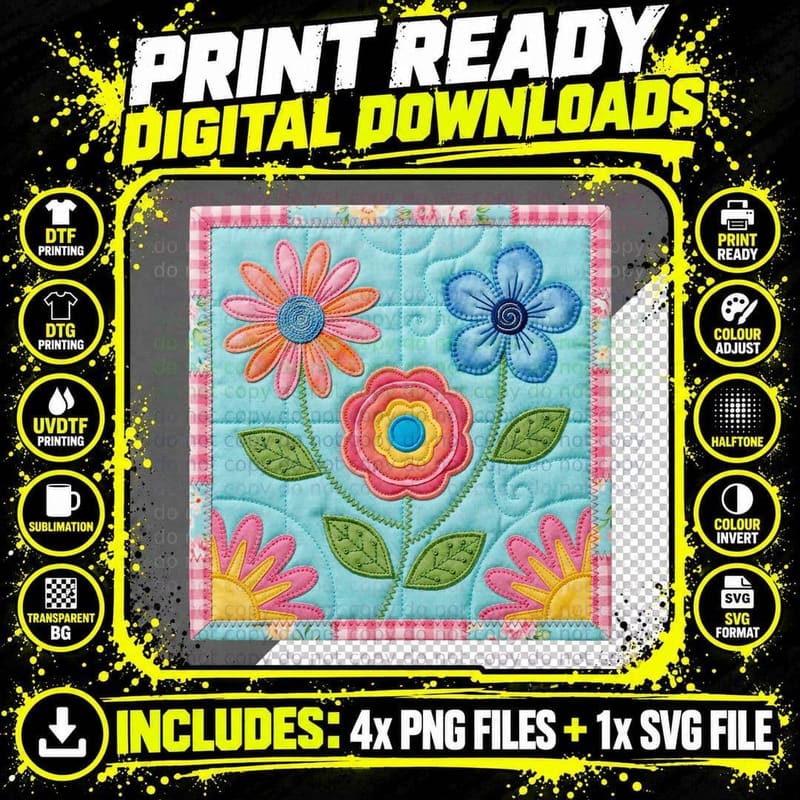 Quilted Flower Pattern Summer T-Shirt Png SVG Digital Bundle