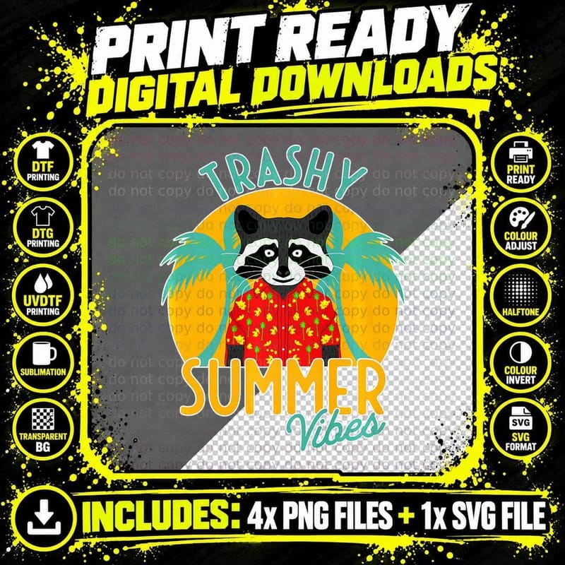 Raccoon Trashy, Summer Vibes Beach Hawaiian Flowers Png SVG Digital Bundle