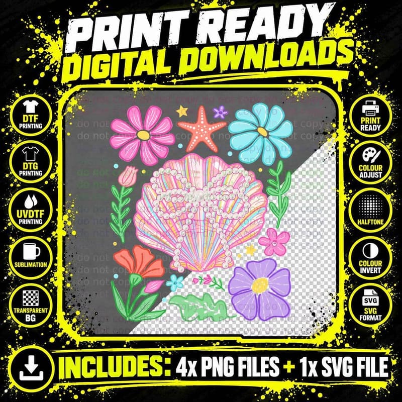 Rainbow Seashell Pearls Starfish Summer T-Shirt Png SVG Digital Bundle